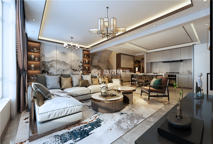 新中式風(fēng)格客餐廚一體化設(shè)計(jì)裝修效果圖